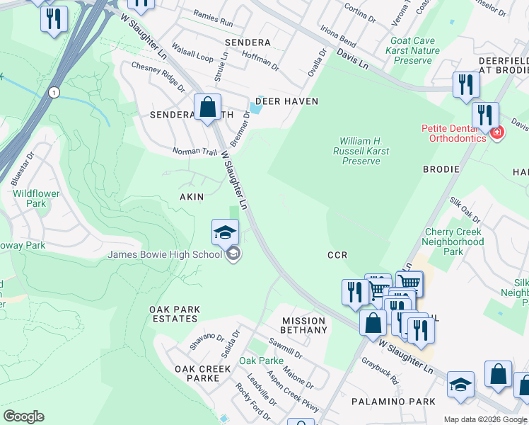 map of restaurants, bars, coffee shops, grocery stores, and more near 4100 West Slaughter Lane in Austin