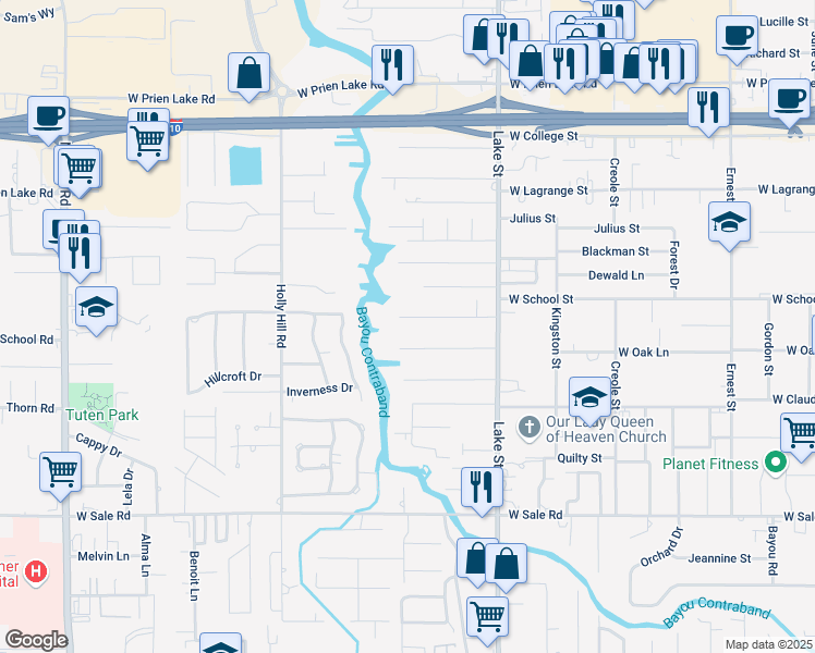 map of restaurants, bars, coffee shops, grocery stores, and more near 1000 Bayou Oaks Ln in Lake Charles
