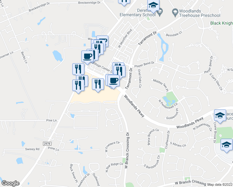 map of restaurants, bars, coffee shops, grocery stores, and more near 9901 Woodlands Parkway in The Woodlands