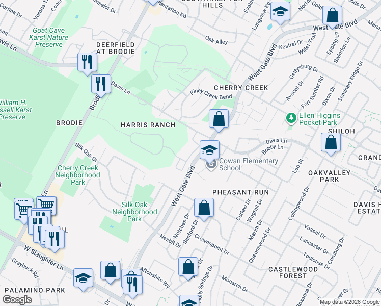 map of restaurants, bars, coffee shops, grocery stores, and more near 8806 West Gate Boulevard in Austin