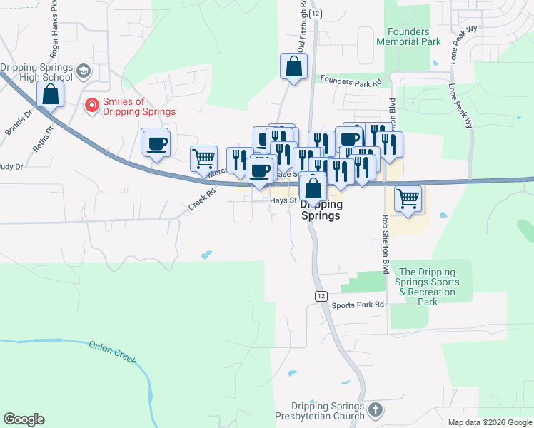 map of restaurants, bars, coffee shops, grocery stores, and more near 203 U.S. 290 in Dripping Springs