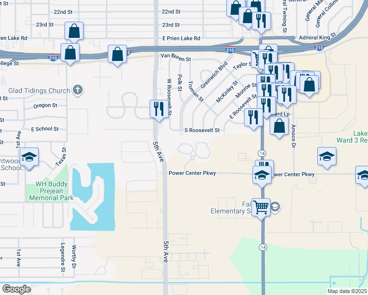 map of restaurants, bars, coffee shops, grocery stores, and more near Greinwich Blvd in Lake Charles