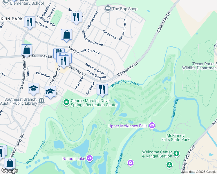 map of restaurants, bars, coffee shops, grocery stores, and more near 5901 East Stassney Lane in Austin