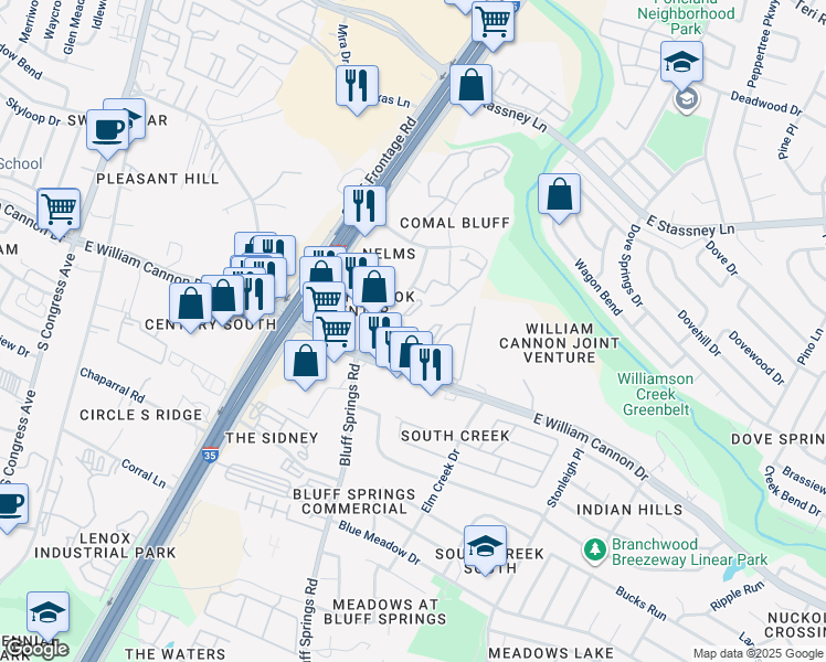 map of restaurants, bars, coffee shops, grocery stores, and more near 6503 Bluff Springs Road in Austin