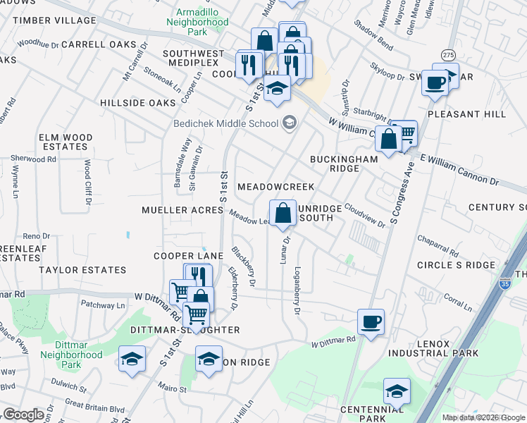 map of restaurants, bars, coffee shops, grocery stores, and more near 7201 Bill Hughes Road in Austin