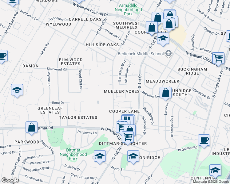 map of restaurants, bars, coffee shops, grocery stores, and more near 7403 Cooper Lane in Austin