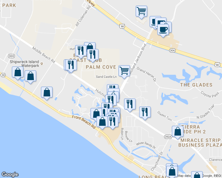 map of restaurants, bars, coffee shops, grocery stores, and more near 11220 Hutchison Boulevard in Panama City Beach