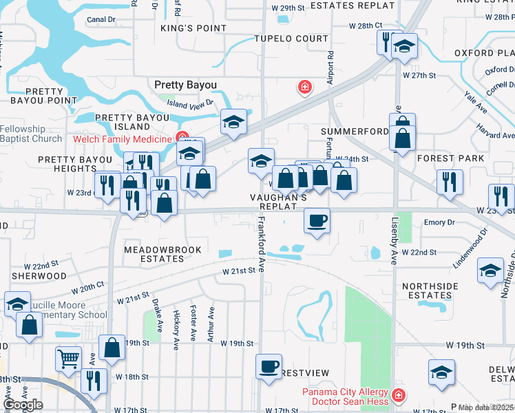 map of restaurants, bars, coffee shops, grocery stores, and more near 2104 West 23rd Street in Panama City