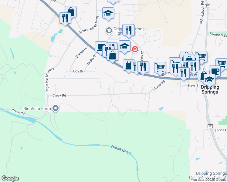map of restaurants, bars, coffee shops, grocery stores, and more near 400 Creek Road in Dripping Springs