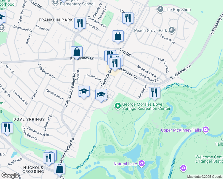 map of restaurants, bars, coffee shops, grocery stores, and more near 5415 Walnut Grove Drive in Austin