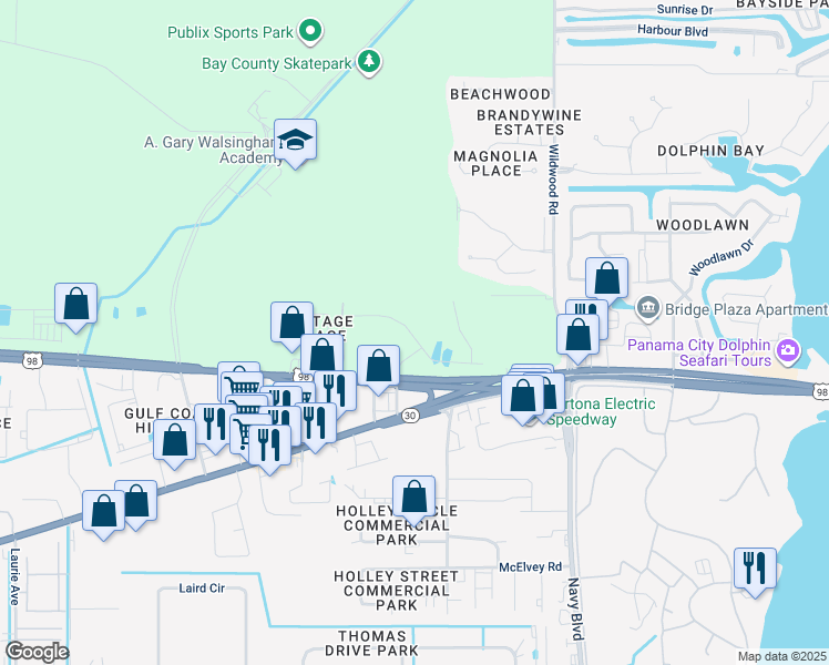 map of restaurants, bars, coffee shops, grocery stores, and more near 7202 Front Beach Road in Panama City Beach