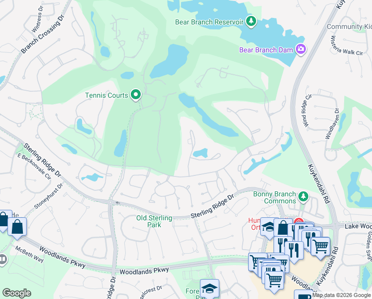 map of restaurants, bars, coffee shops, grocery stores, and more near 19 Netherfield Way in Spring
