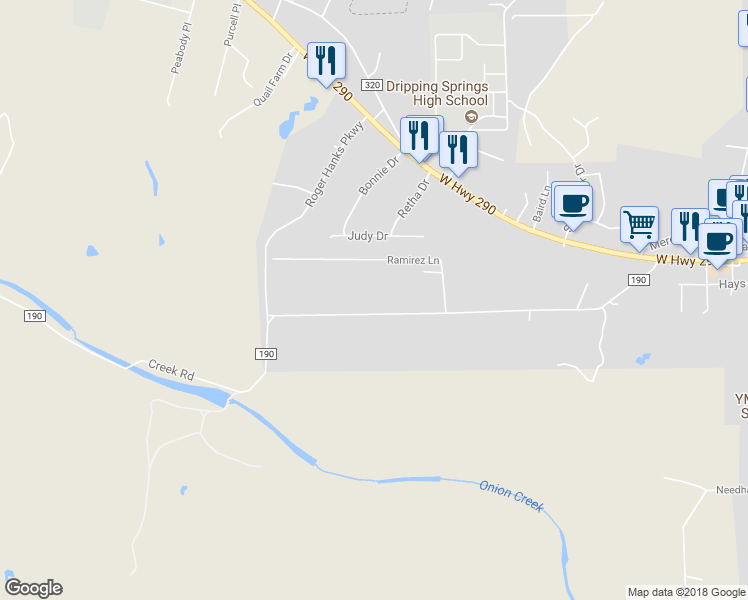 map of restaurants, bars, coffee shops, grocery stores, and more near 910 Creek Road in Dripping Springs
