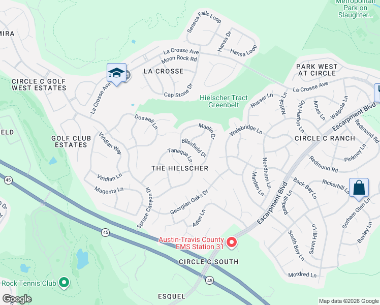 map of restaurants, bars, coffee shops, grocery stores, and more near 7120 Tanaqua Lane in Austin
