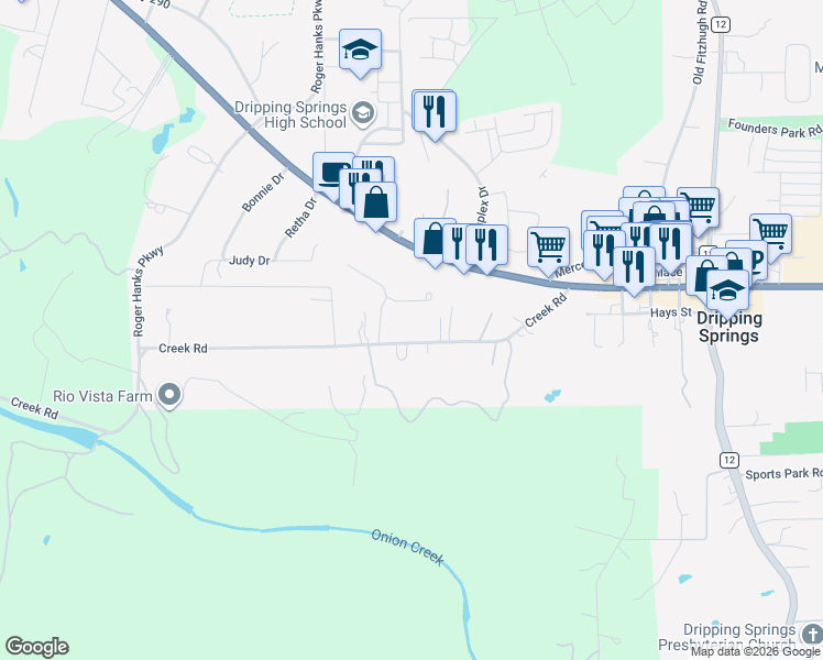 map of restaurants, bars, coffee shops, grocery stores, and more near 425 Creek Road in Dripping Springs