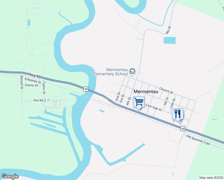map of restaurants, bars, coffee shops, grocery stores, and more near 303 Live Oak Street in Mermentau