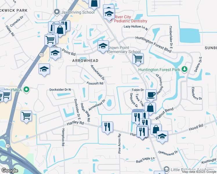map of restaurants, bars, coffee shops, grocery stores, and more near 10315 Arrowhead Drive in Jacksonville