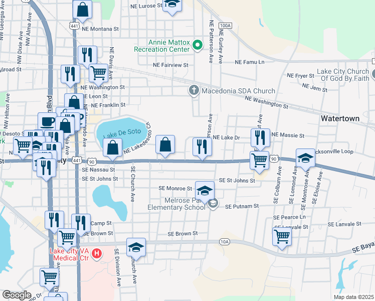 map of restaurants, bars, coffee shops, grocery stores, and more near 1300-1398 NE Lake Dr in Lake City