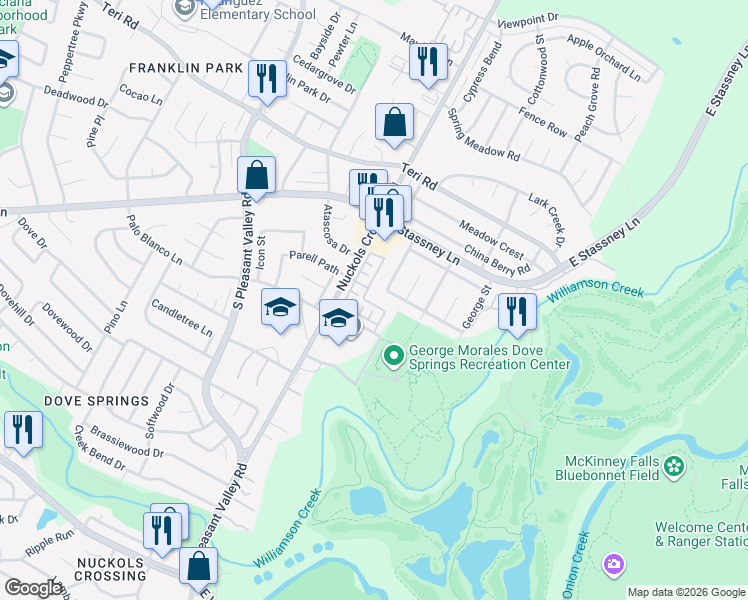 map of restaurants, bars, coffee shops, grocery stores, and more near 5415 Walnut Grove Drive in Austin