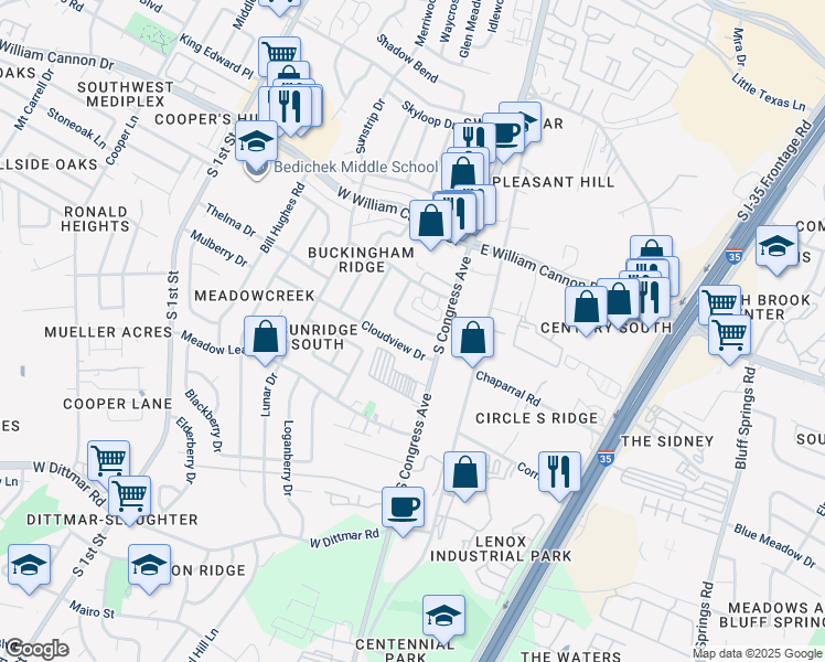 map of restaurants, bars, coffee shops, grocery stores, and more near 104 Meteor Drive in Austin