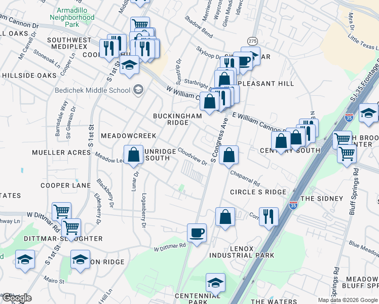 map of restaurants, bars, coffee shops, grocery stores, and more near 117 Meteor Drive in Austin