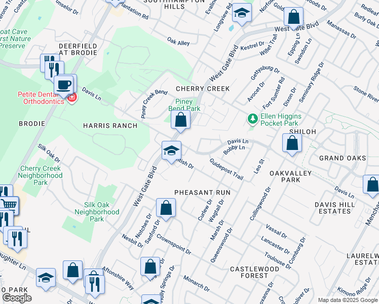 map of restaurants, bars, coffee shops, grocery stores, and more near 2918 Zeke Bend in Austin