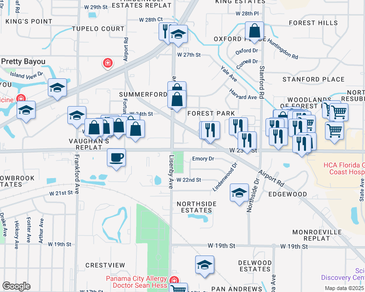 map of restaurants, bars, coffee shops, grocery stores, and more near 115 Springhill Circle in Panama City