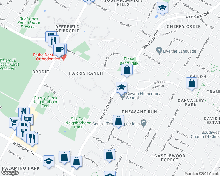 map of restaurants, bars, coffee shops, grocery stores, and more near 8806 West Gate Boulevard in Austin