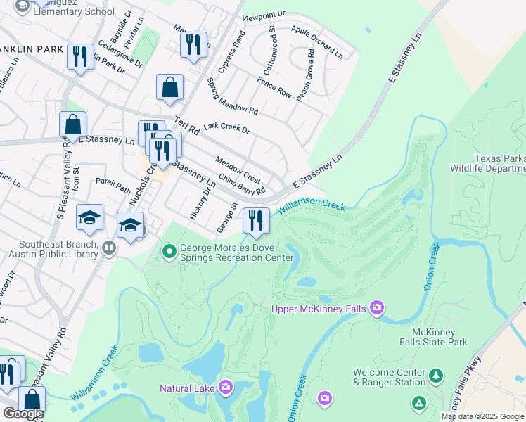 map of restaurants, bars, coffee shops, grocery stores, and more near 5901 East Stassney Lane in Austin