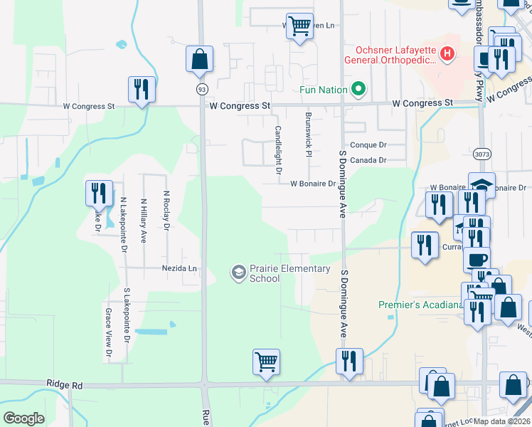 map of restaurants, bars, coffee shops, grocery stores, and more near 149 Demas Drive in Lafayette