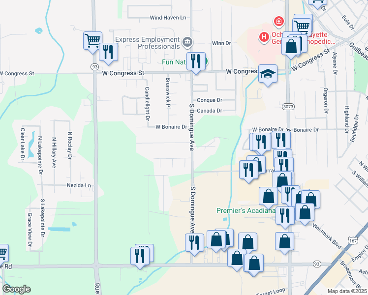 map of restaurants, bars, coffee shops, grocery stores, and more near 400-482 South Domingue Avenue in Lafayette