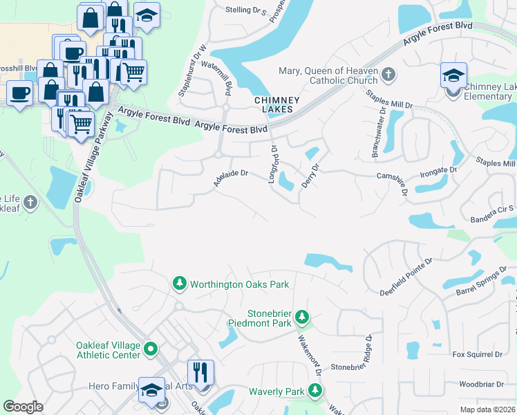 map of restaurants, bars, coffee shops, grocery stores, and more near 9415 Woodleigh Mill Drive in Jacksonville