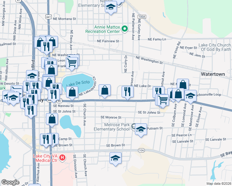 map of restaurants, bars, coffee shops, grocery stores, and more near 1300-1398 NE Lake Dr in Lake City