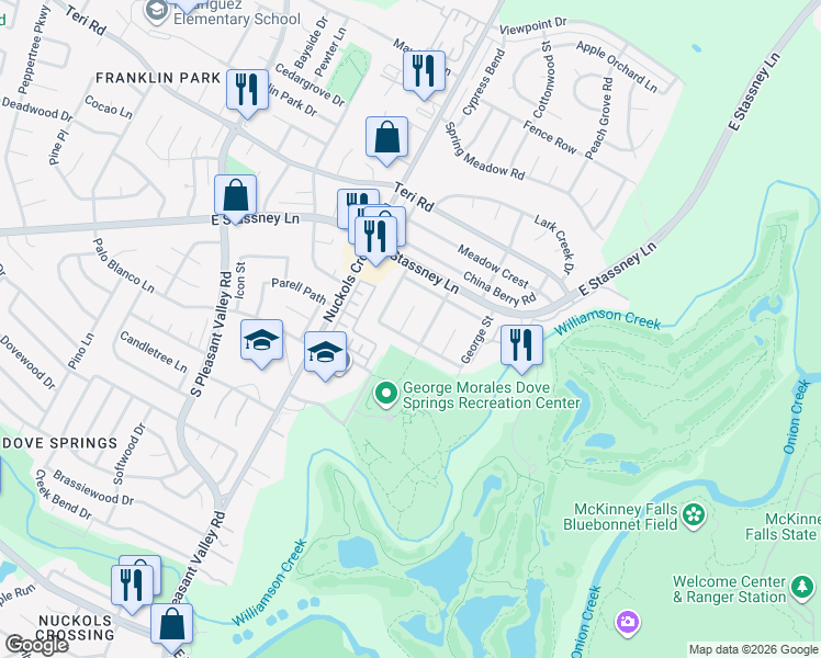 map of restaurants, bars, coffee shops, grocery stores, and more near 5404 Hickory Drive in Austin