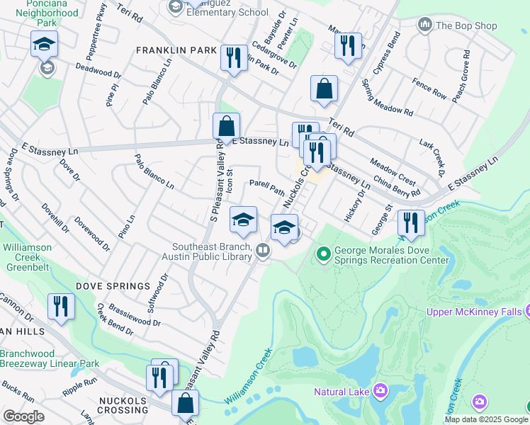 map of restaurants, bars, coffee shops, grocery stores, and more near 5107 Galen Court in Austin