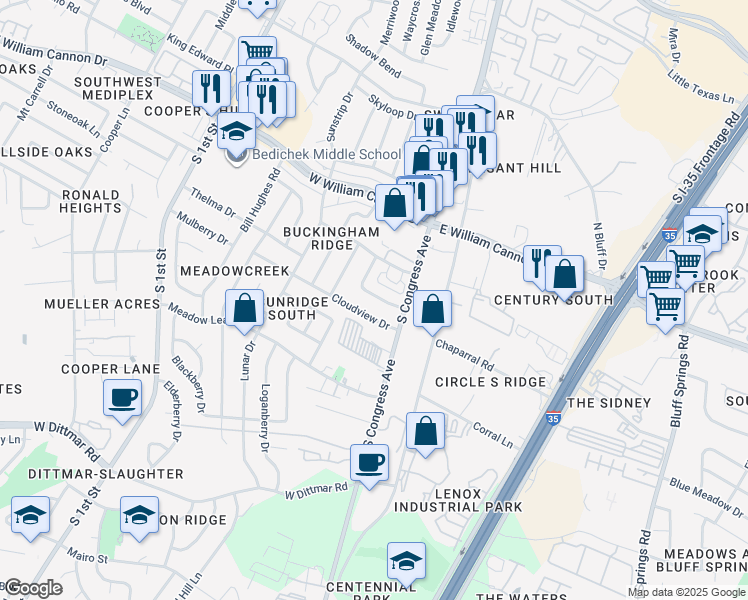 map of restaurants, bars, coffee shops, grocery stores, and more near 117 Meteor Drive in Austin