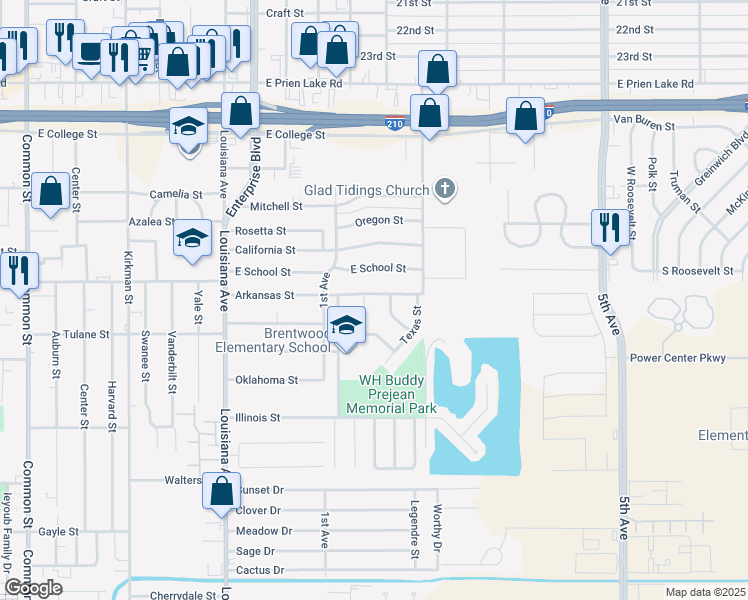 map of restaurants, bars, coffee shops, grocery stores, and more near 1503 Arkansas Street in Lake Charles