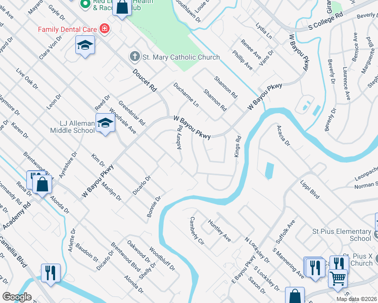 map of restaurants, bars, coffee shops, grocery stores, and more near 108 Canterbury Road in Lafayette