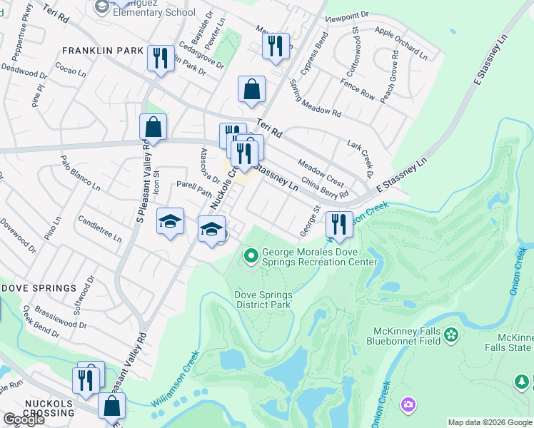 map of restaurants, bars, coffee shops, grocery stores, and more near 5404 Hickory Drive in Austin