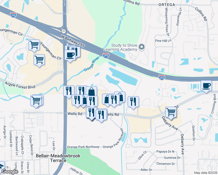 map of restaurants, bars, coffee shops, grocery stores, and more near 1865 Wells Road in Orange Park