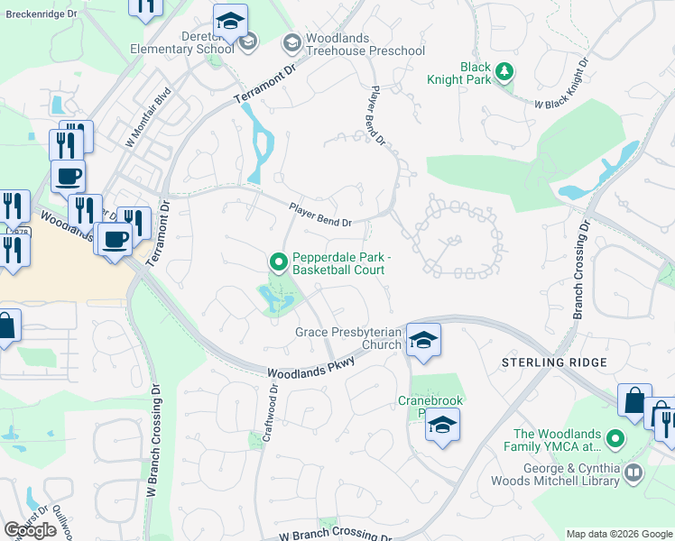 map of restaurants, bars, coffee shops, grocery stores, and more near 27 South Knightsgate Circle in Spring