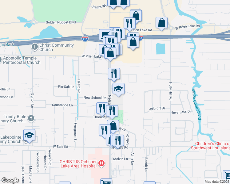 map of restaurants, bars, coffee shops, grocery stores, and more near 3723 Nelson Road in Lake Charles