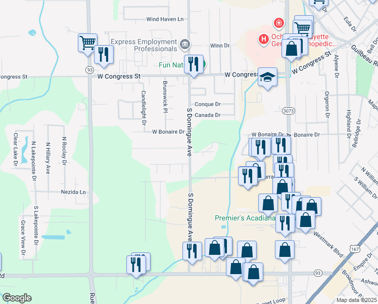 map of restaurants, bars, coffee shops, grocery stores, and more near 400 South Domingue Avenue in Lafayette