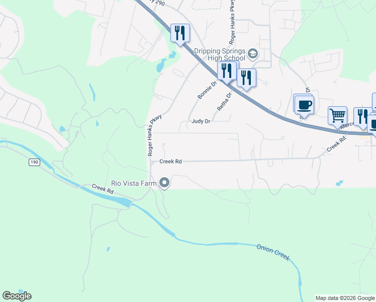 map of restaurants, bars, coffee shops, grocery stores, and more near 1030 Creek Road in Dripping Springs