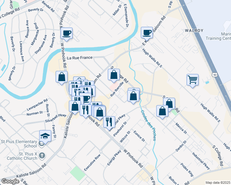 map of restaurants, bars, coffee shops, grocery stores, and more near 204 Rue Iberville in Lafayette