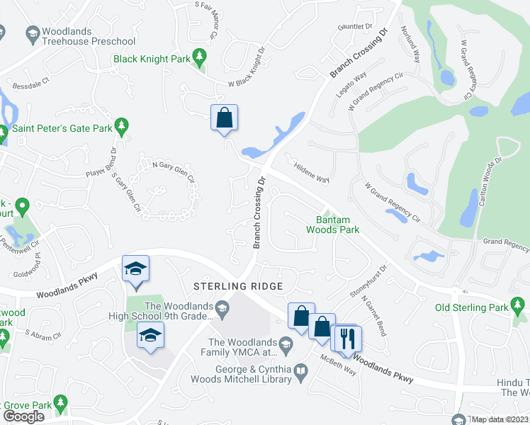 map of restaurants, bars, coffee shops, grocery stores, and more near 78 South Bantam Woods Circle in Spring