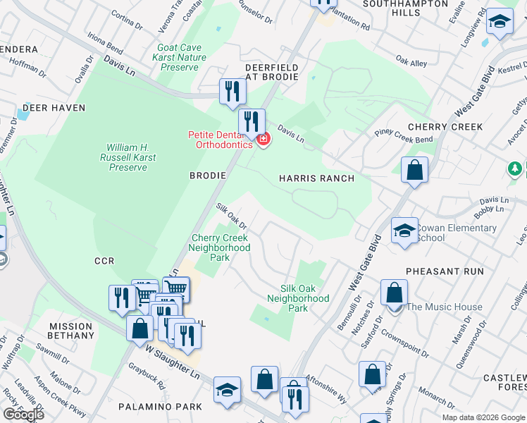 map of restaurants, bars, coffee shops, grocery stores, and more near 9301 Tea Rose Trail in Austin