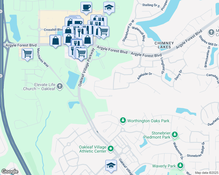 map of restaurants, bars, coffee shops, grocery stores, and more near 9677 Woodstone Mill in Jacksonville