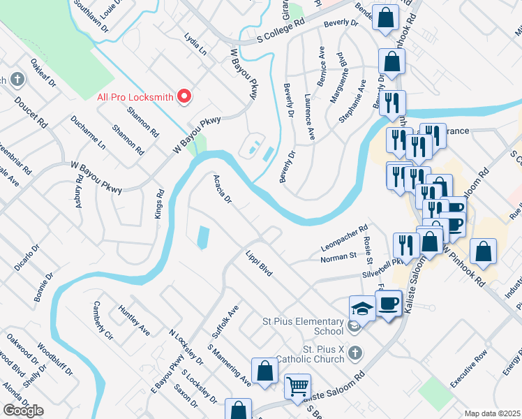 map of restaurants, bars, coffee shops, grocery stores, and more near 107 Fleur de Lis Lane in Lafayette