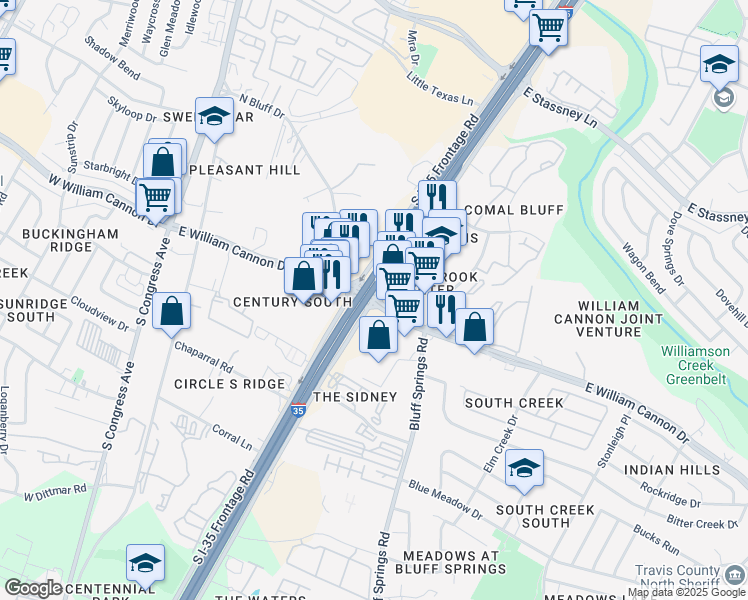 map of restaurants, bars, coffee shops, grocery stores, and more near N Interstate 35 Frontage Rd & E William Cannon Dr in Austin